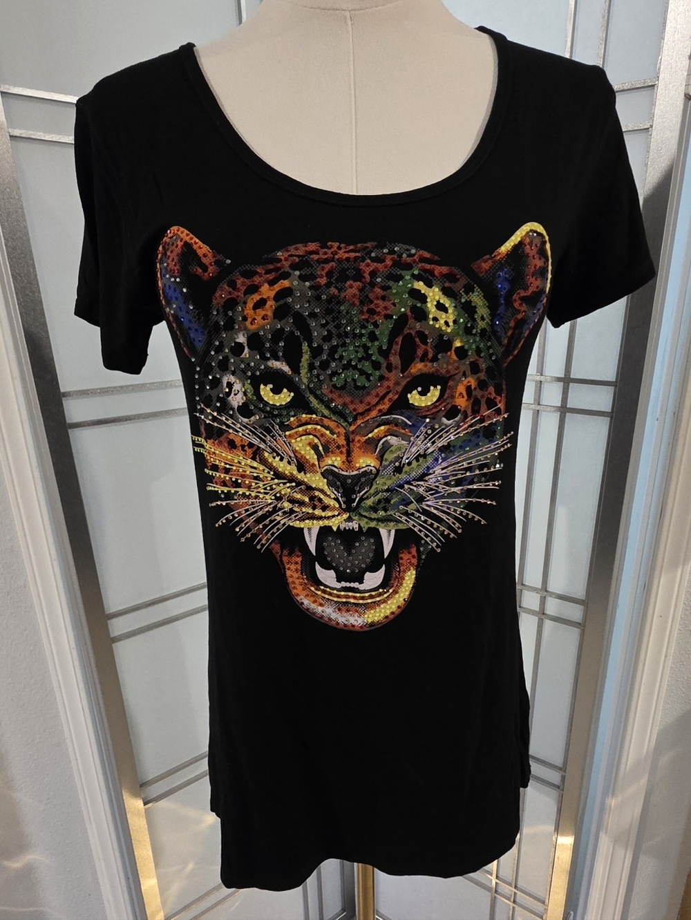 Ay Guey Jaguar Graphic Tee Black Sequin Rhinestone Top Mexican Designer